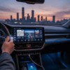 head unit mobil android terbaik terpasang di dashboard mobil dengan latar belakang kota saat senja.