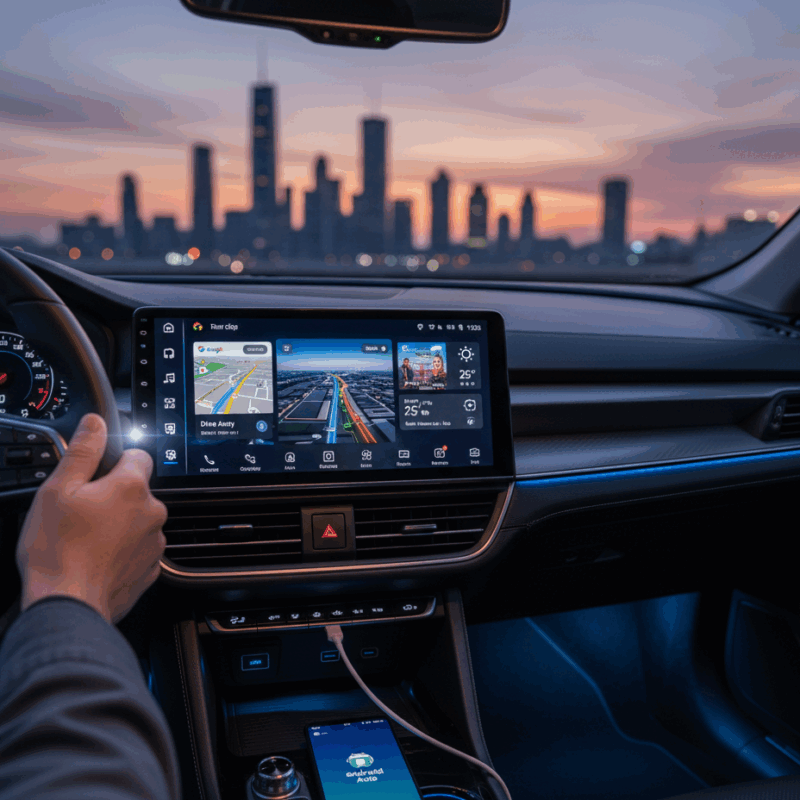head unit mobil android terbaik terpasang di dashboard mobil dengan latar belakang kota saat senja.