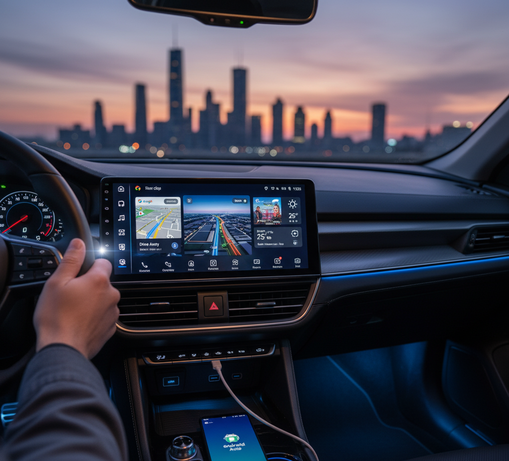 head unit mobil android terbaik terpasang di dashboard mobil dengan latar belakang kota saat senja.
