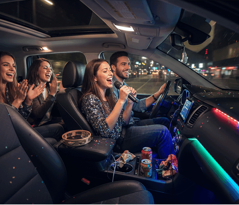 Teman-teman menikmati karaoke malam hari di mobil, menggunakan alat karaoke di mobil dengan lampu LED