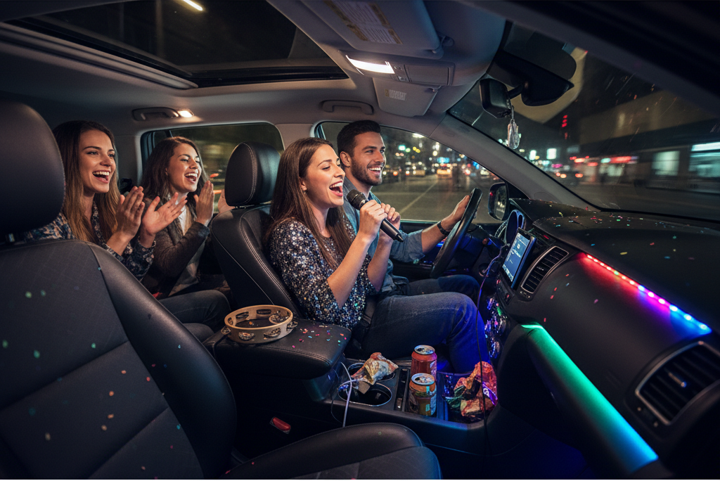 Teman-teman menikmati karaoke malam hari di mobil, menggunakan alat karaoke di mobil dengan lampu LED