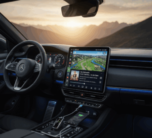 head unit mobil android terbaik menampilkan peta navigasi di dalam interior mobil yang elegan dengan latar belakang pegunungan saat matahari terbit.
