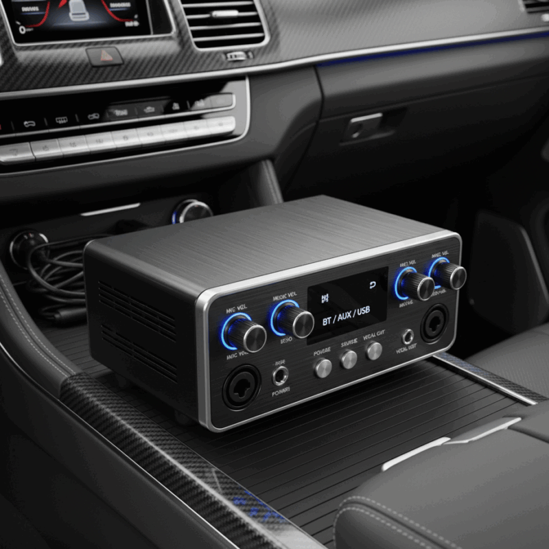 Preamp karaoke mobil dengan kontrol volume mikrofon dan musik, serta lampu indikator biru, terpasang di konsol mobil.