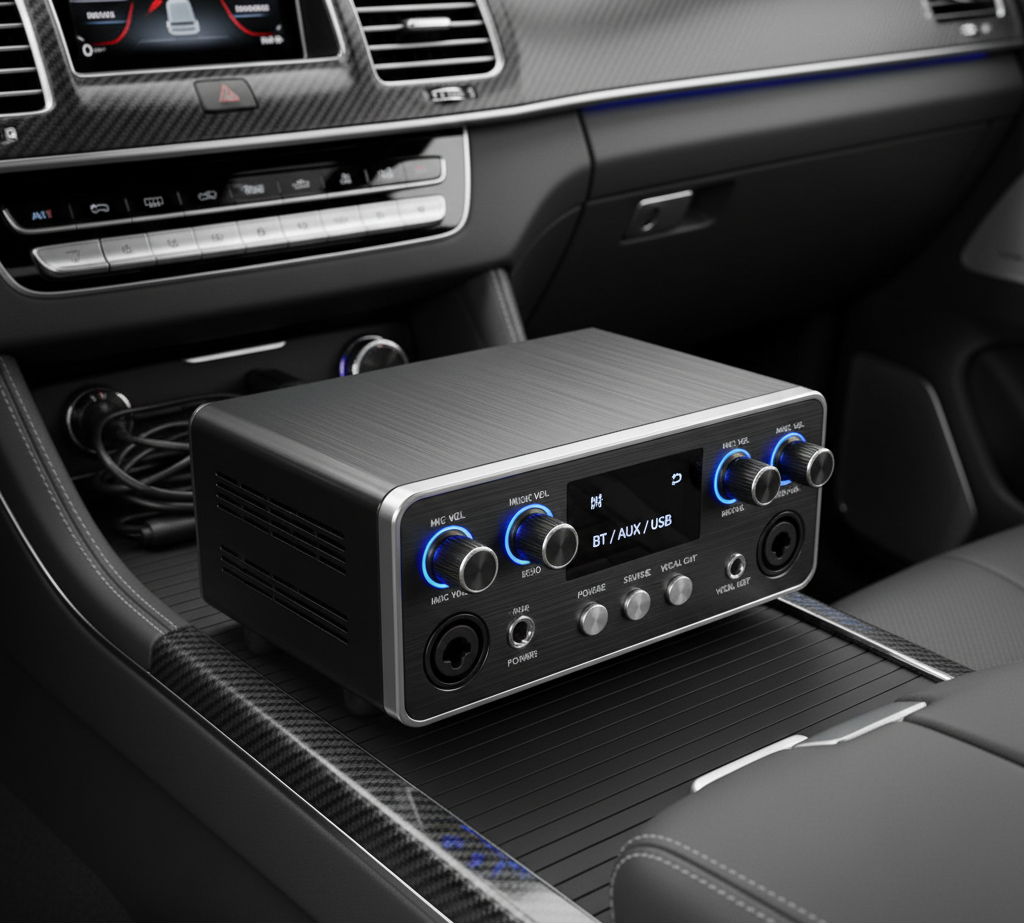 Preamp karaoke mobil dengan kontrol volume mikrofon dan musik, serta lampu indikator biru, terpasang di konsol mobil.