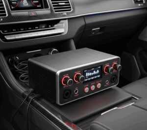 Preamp karaoke mobil dengan kontrol volume mikrofon dan musik, layar tampilan, dan lampu indikator merah, terpasang di konsol mobil.