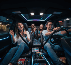 Kegembiraan berkaraoke di perjalanan, sekelompok orang bernyanyi dengan alat karaoke di mobil di dalam kendaraan.